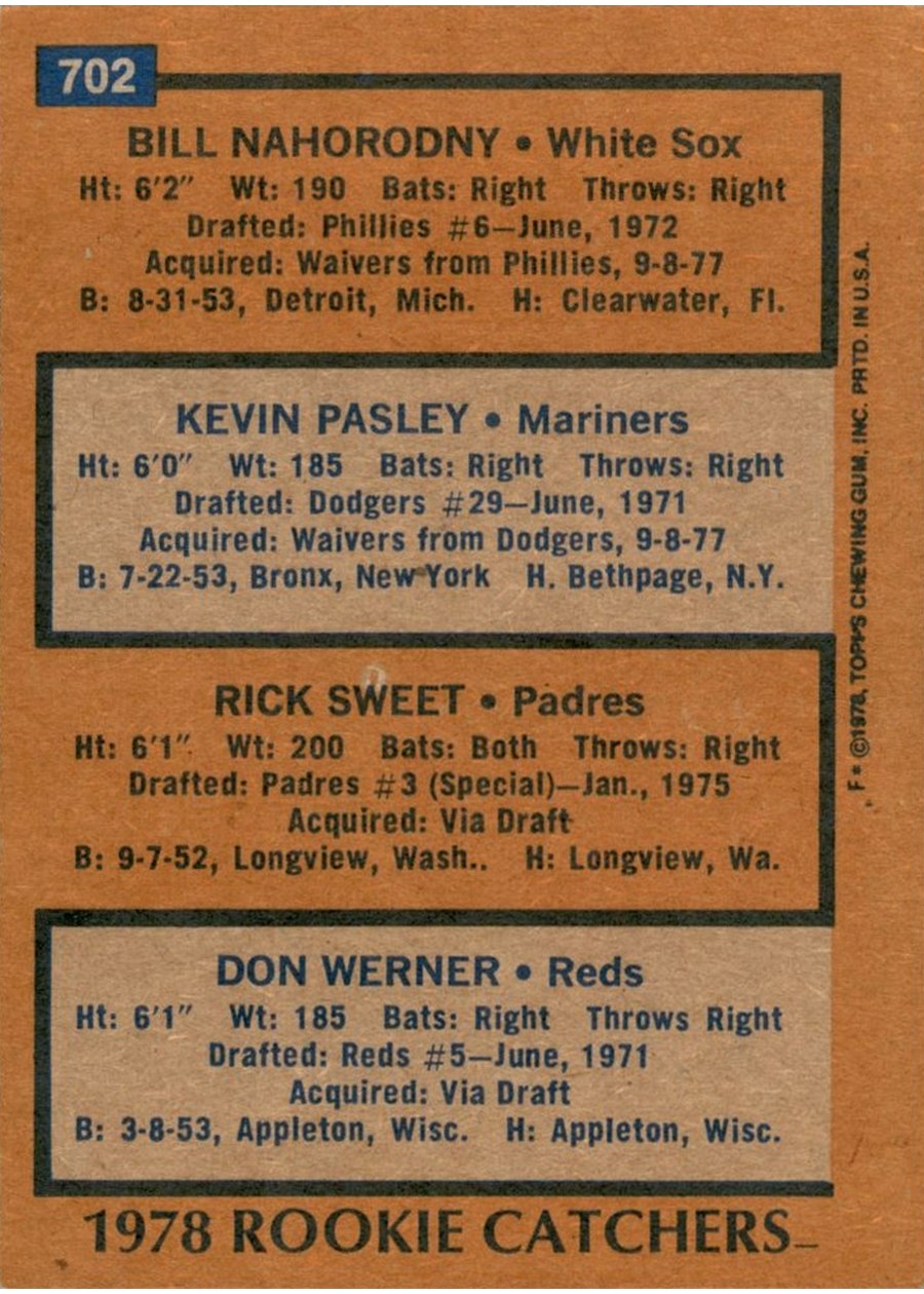 1978 Topps #702 1978 Rookie Catchers card back