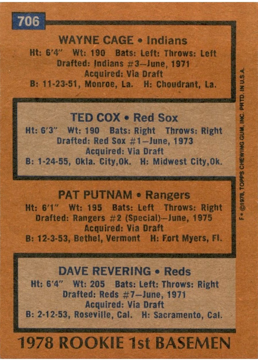 1978 Topps #706 1978 Rookie First Basemen card back