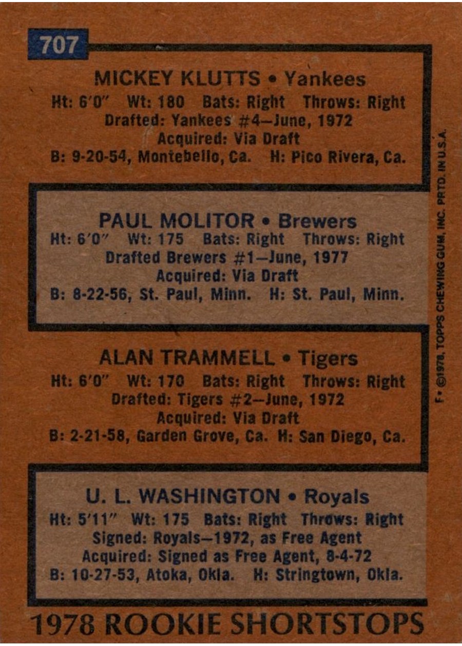 1978 Topps #707 1978 Rookie Shortstops card back