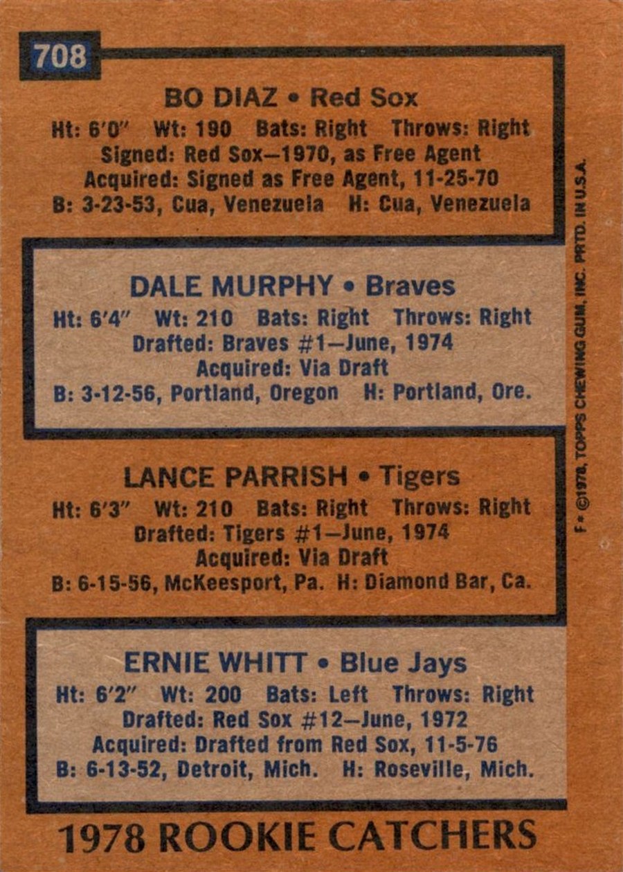 1978 Topps #708 1978 Rookie Catchers card back