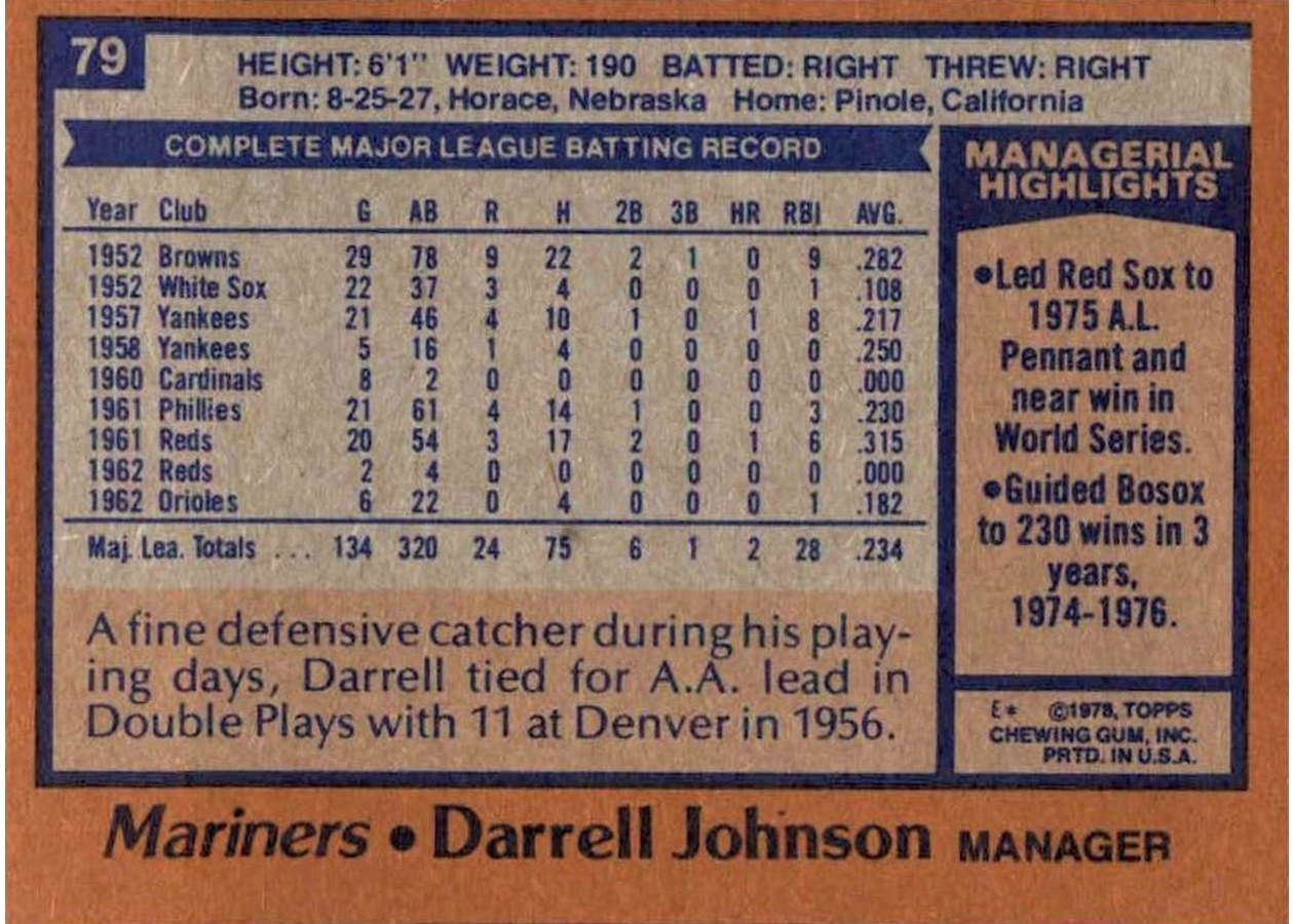 1978 Topps #79 Darrell Johnson card back