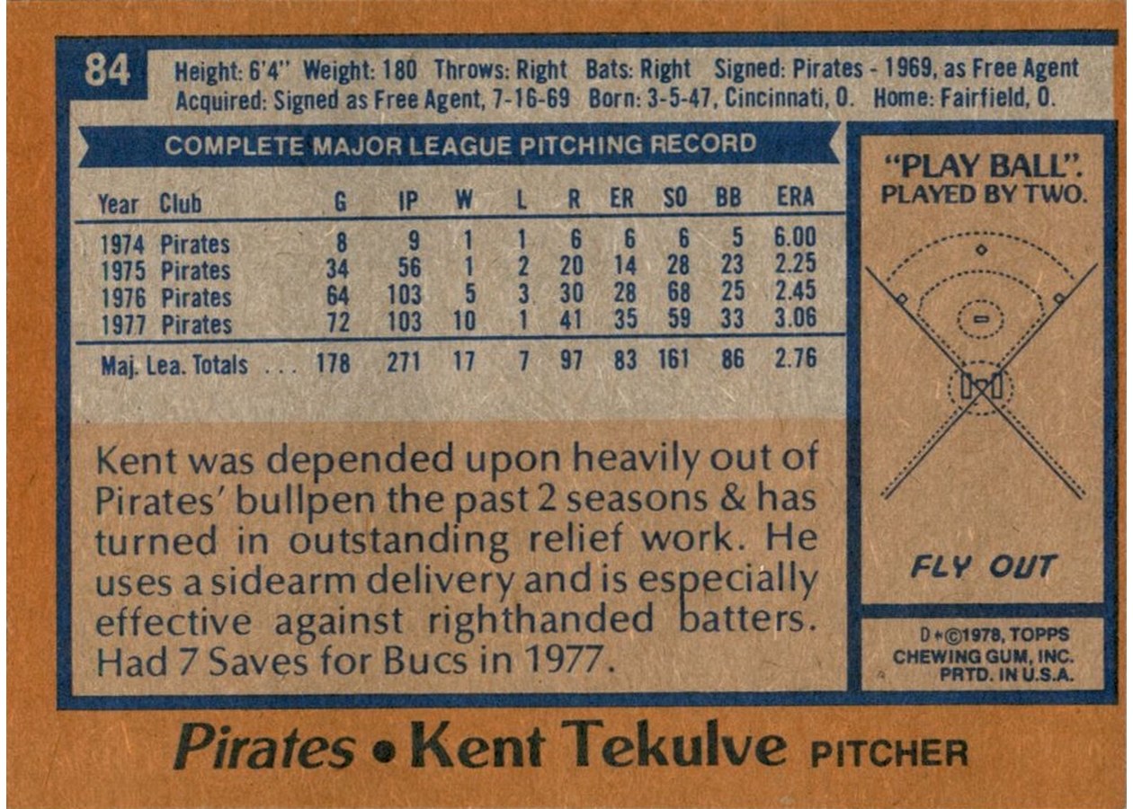 1978 Topps #84 Kent Tekulve card back