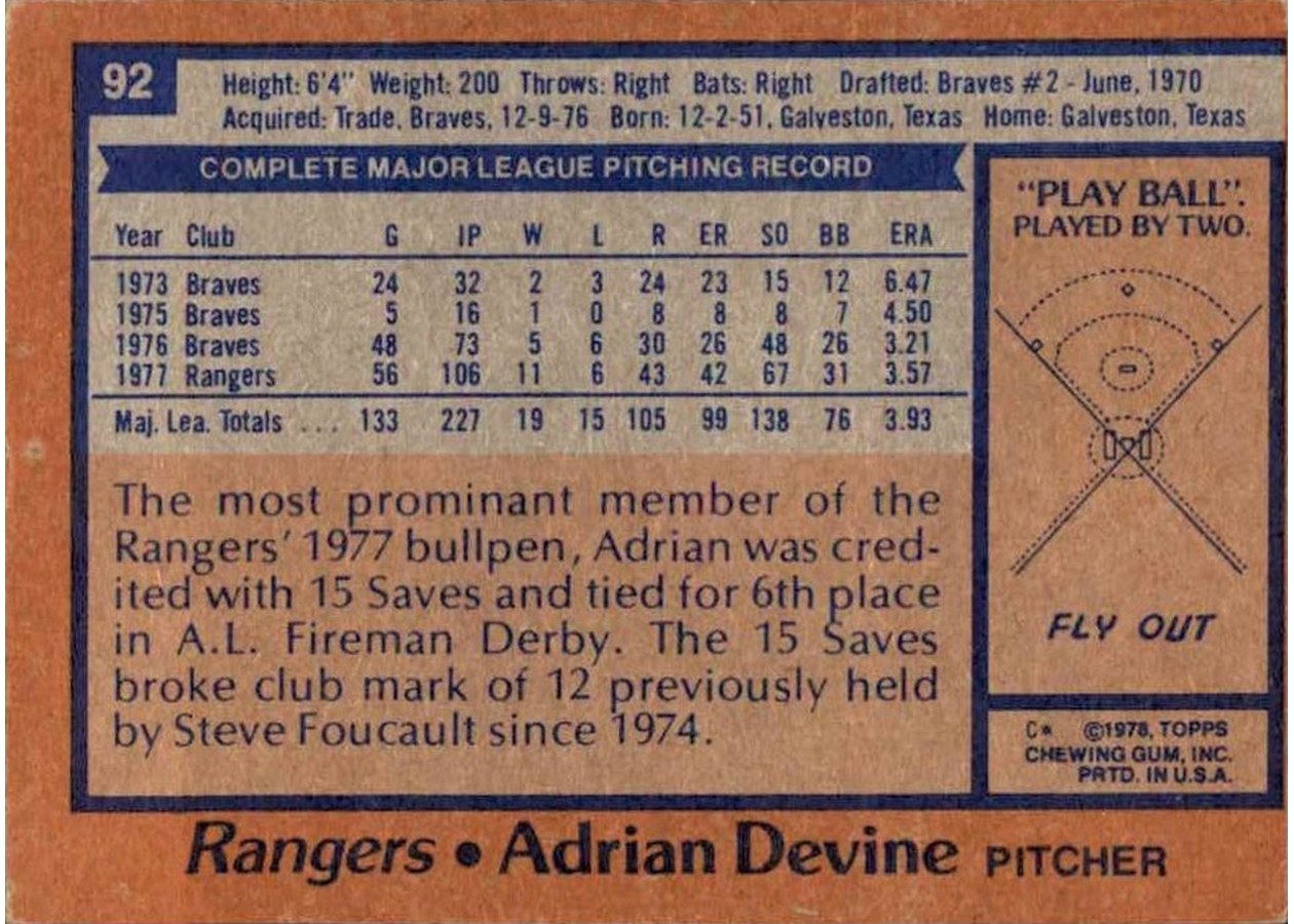 1978 Topps #92 Adrian Devine card back