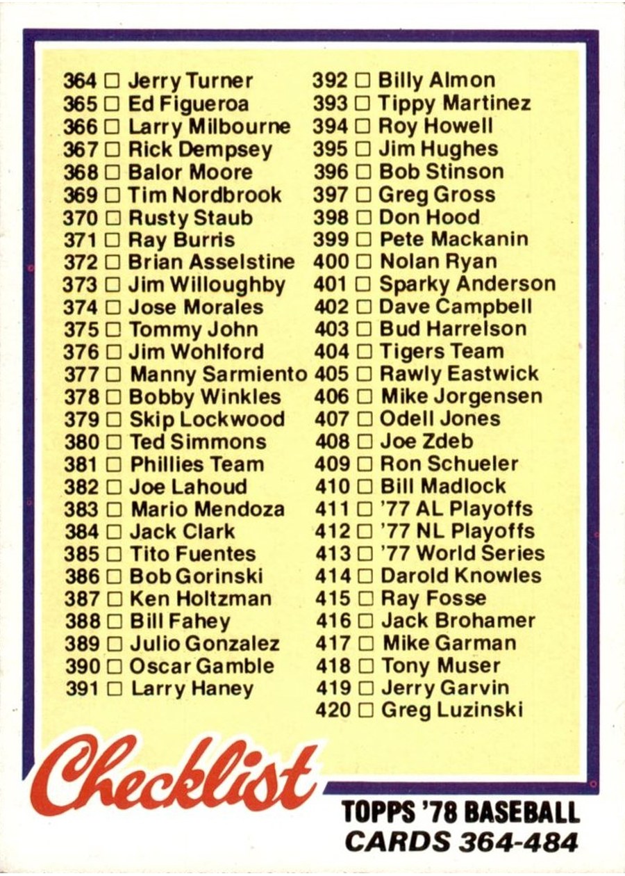 1978 Topps #435 Checklist: 364-484