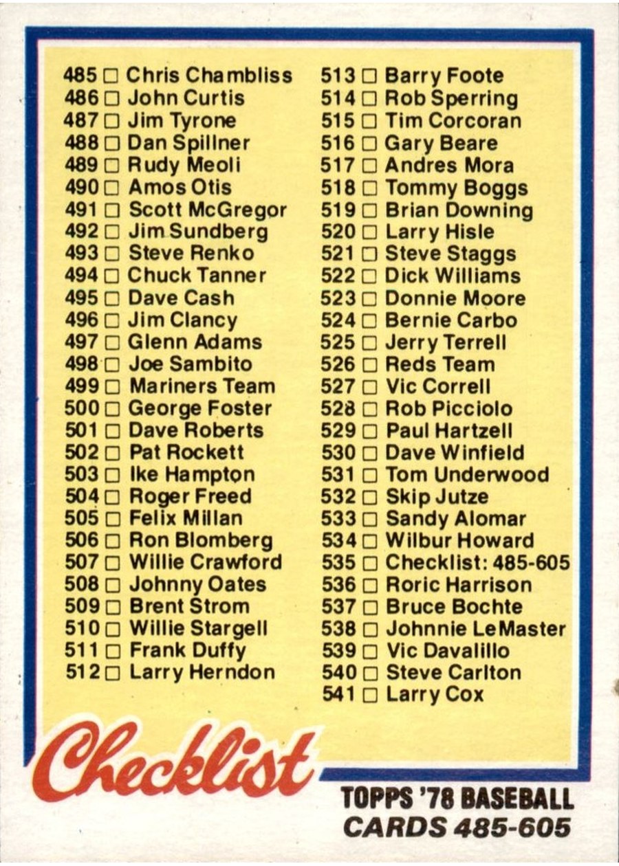 1978 Topps #535 Checklist: 485-605