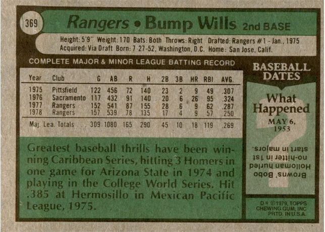 1979 Topps #369 Bump Wills - 369b - Blue Jays (Error) (back)