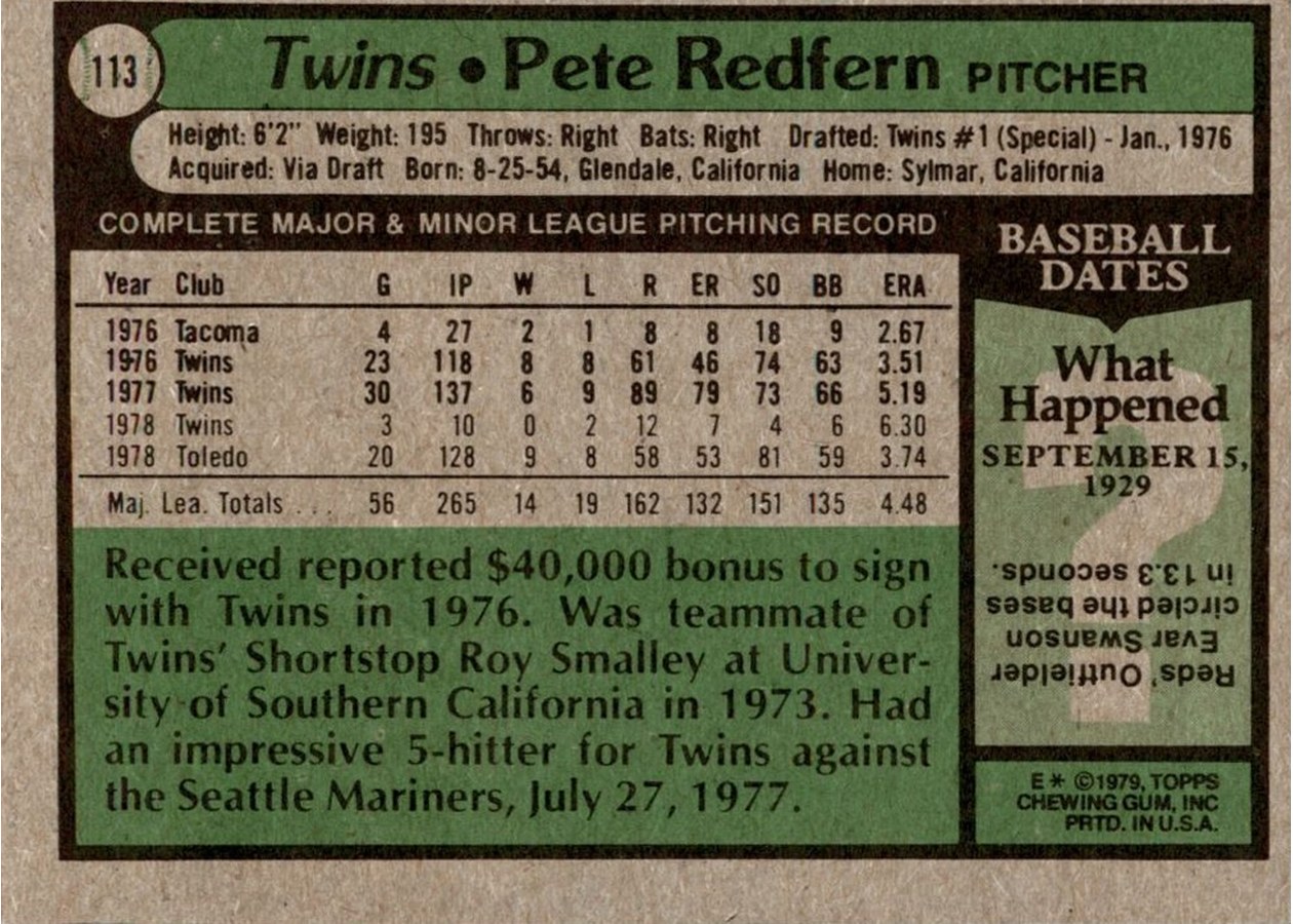 1979 Topps #113 Pete Redfern card back