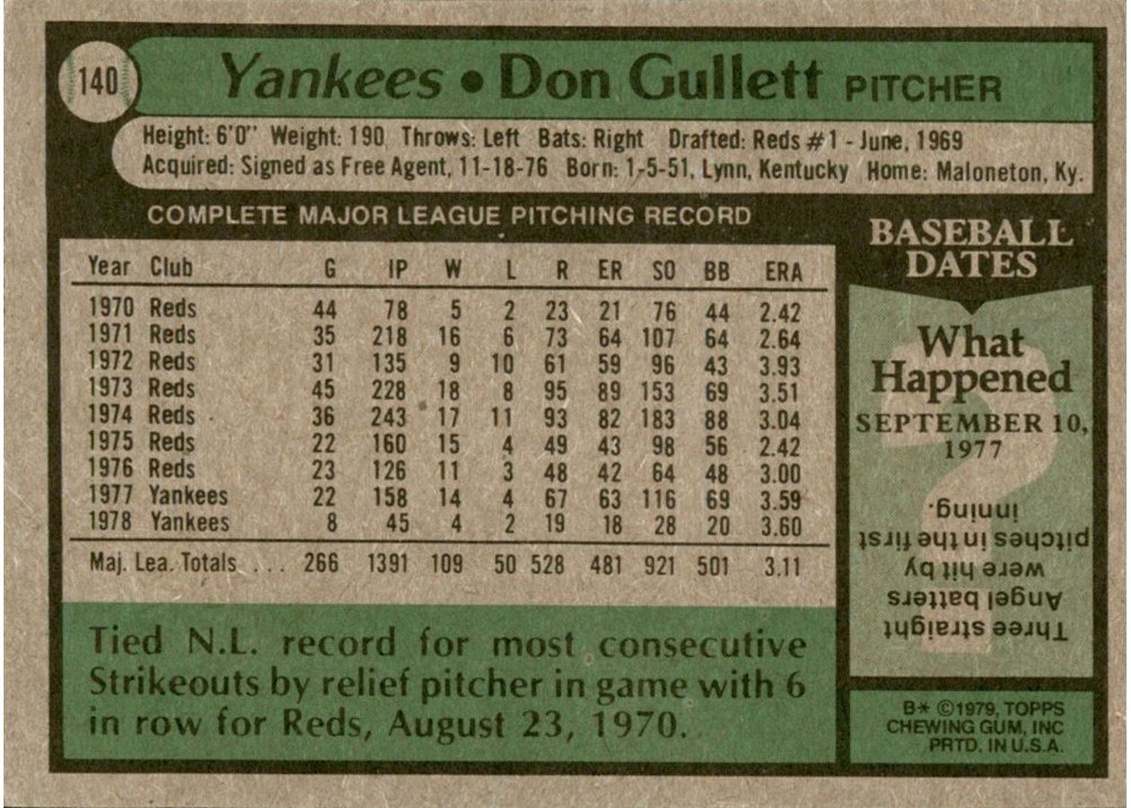 1979 Topps #140 Don Gullett card back