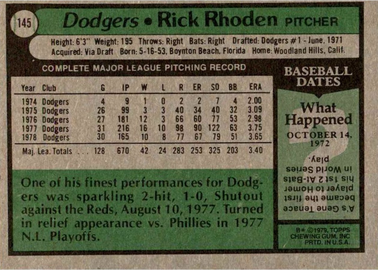 1979 Topps #145 Rick Rhoden card back