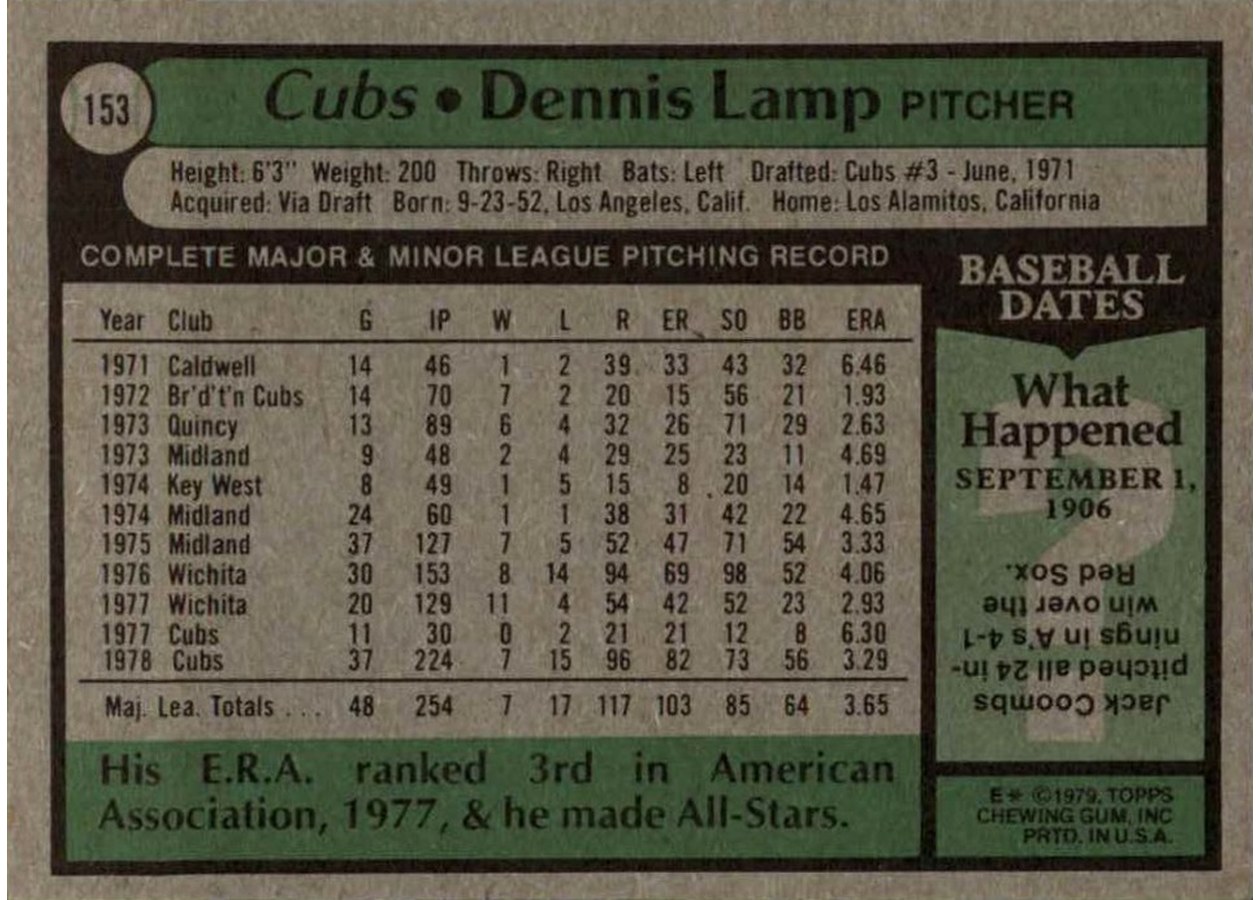 1979 Topps #153 Dennis Lamp card back