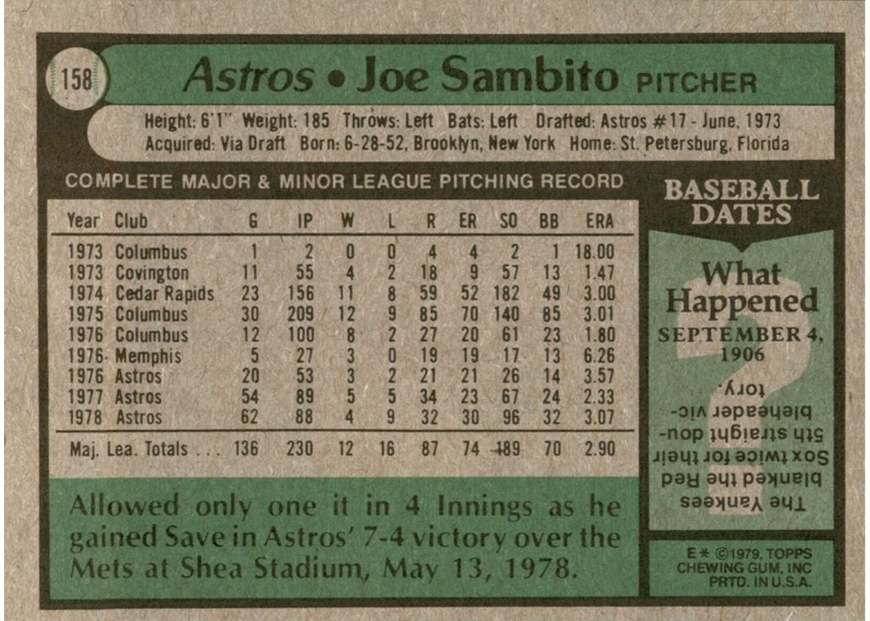 1979 Topps #158 Joe Sambito card back