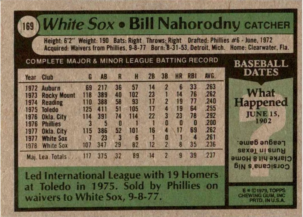 1979 Topps #169 Bill Nahorodny card back
