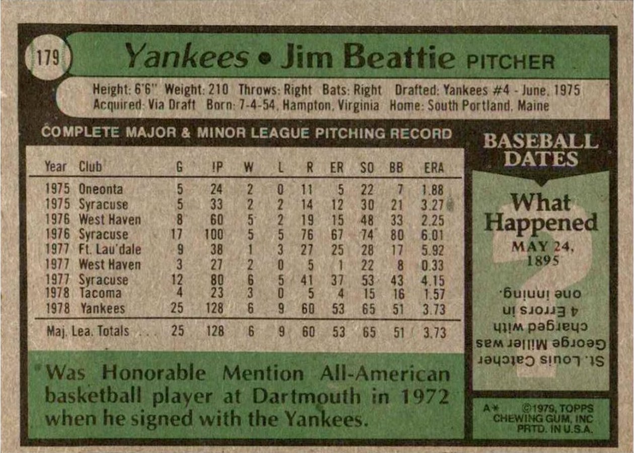 1979 Topps #179 Jim Beattie card back