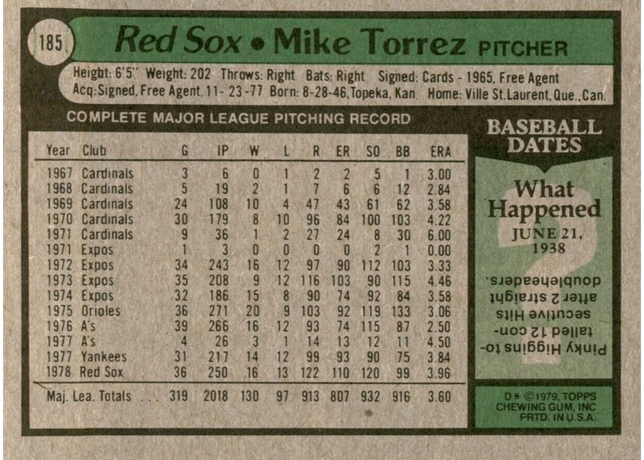 1979 Topps #185 Mike Torrez card back