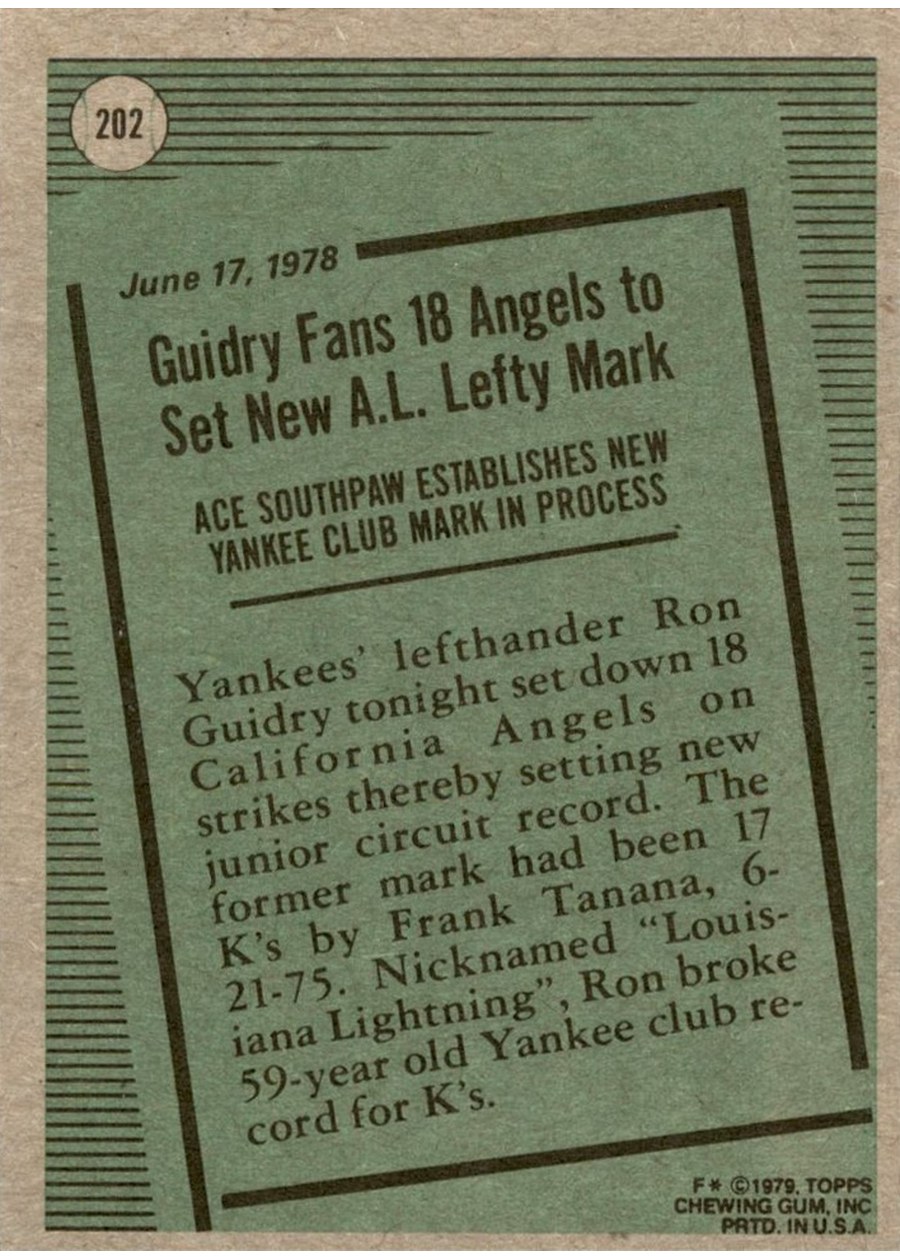 1979 Topps #202 Ron Guidry card back