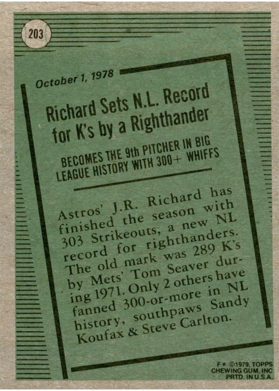 1979 Topps #203 J.R. Richard card back