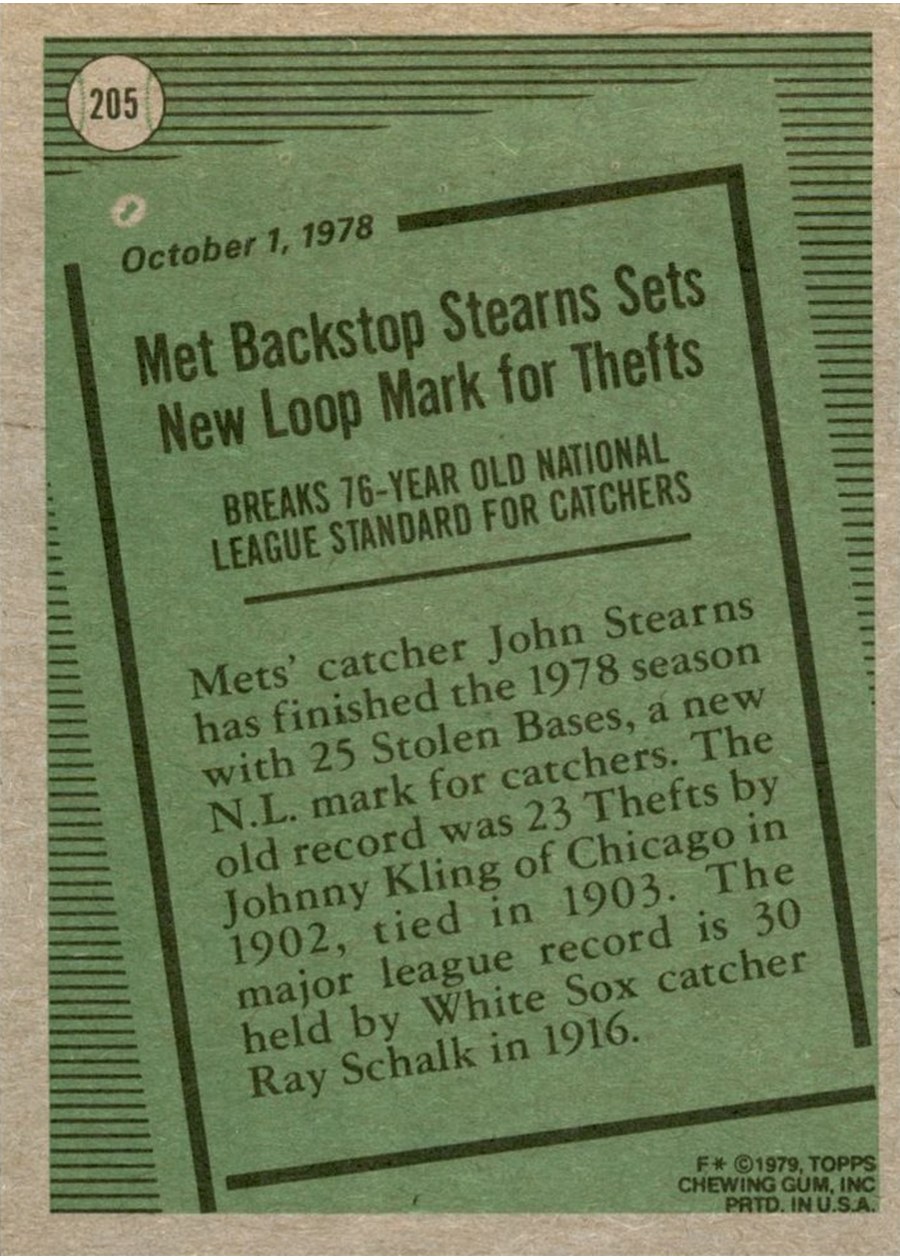 1979 Topps #205 John Stearns card back