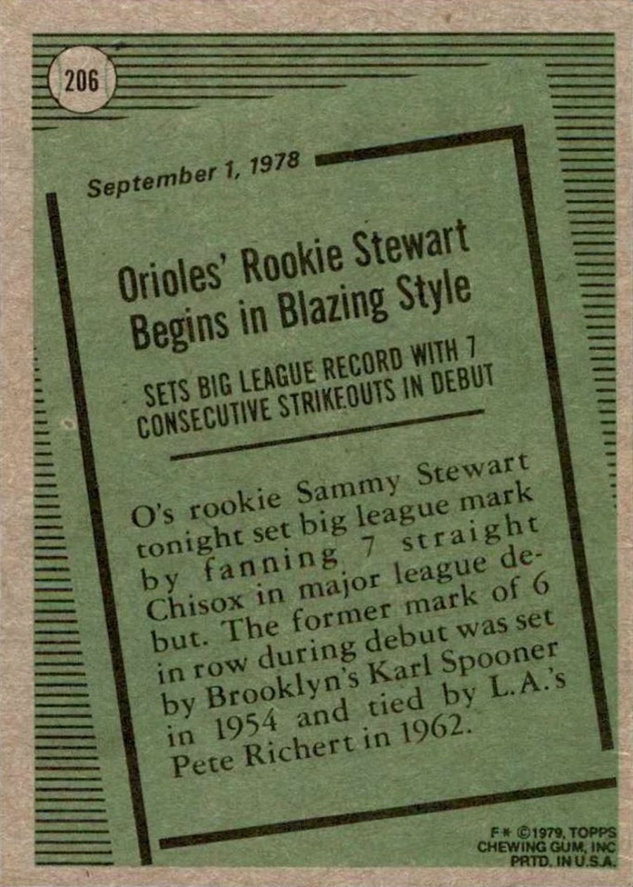 1979 Topps #206 Sammy Stewart card back