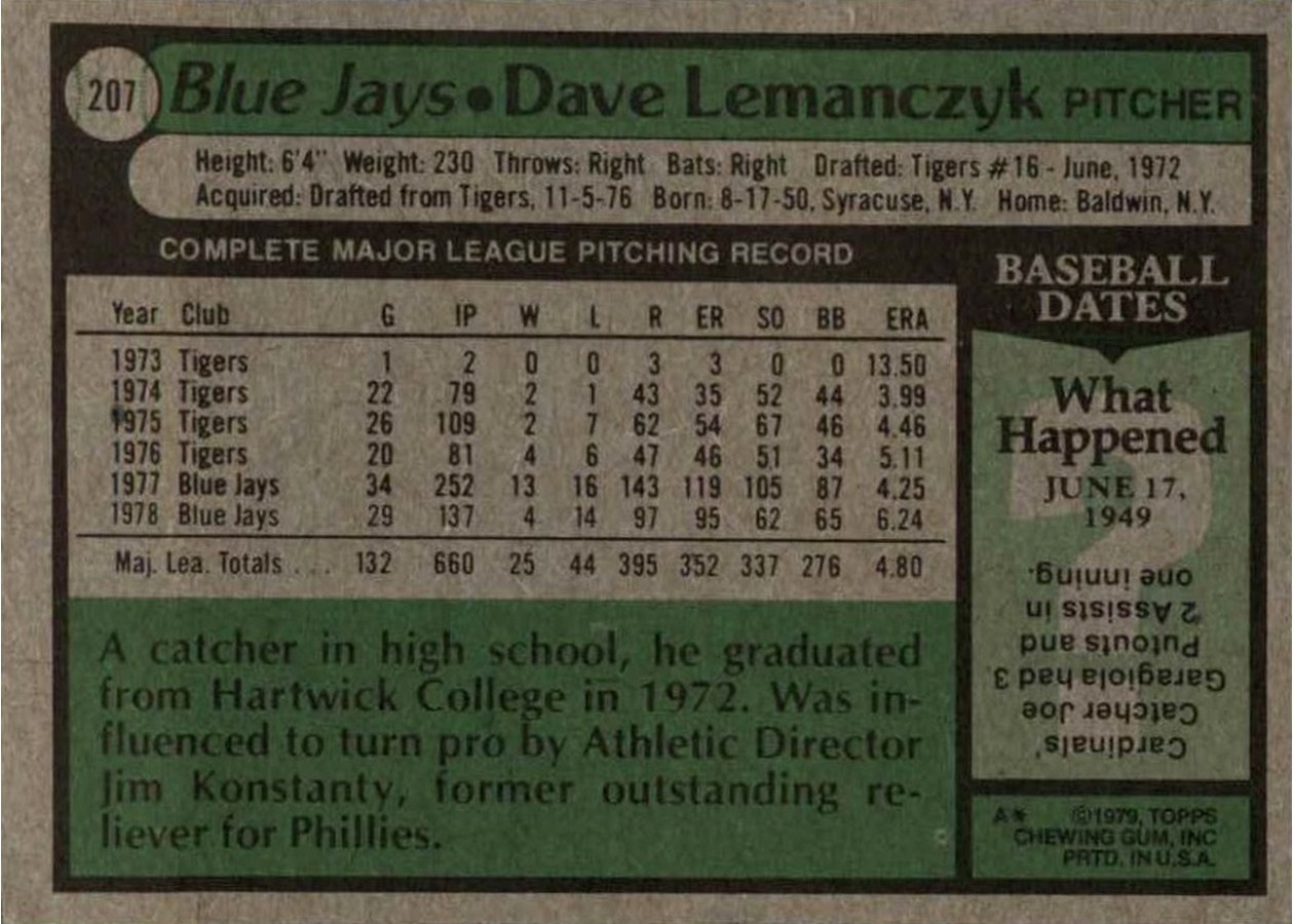 1979 Topps #207 Dave Lemanczyk card back