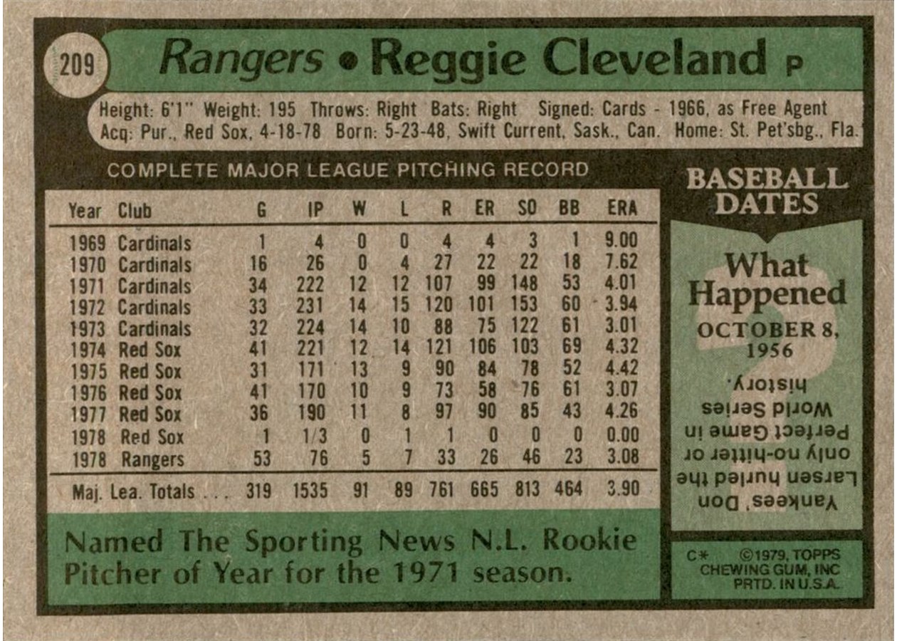 1979 Topps #209 Reggie Cleveland card back