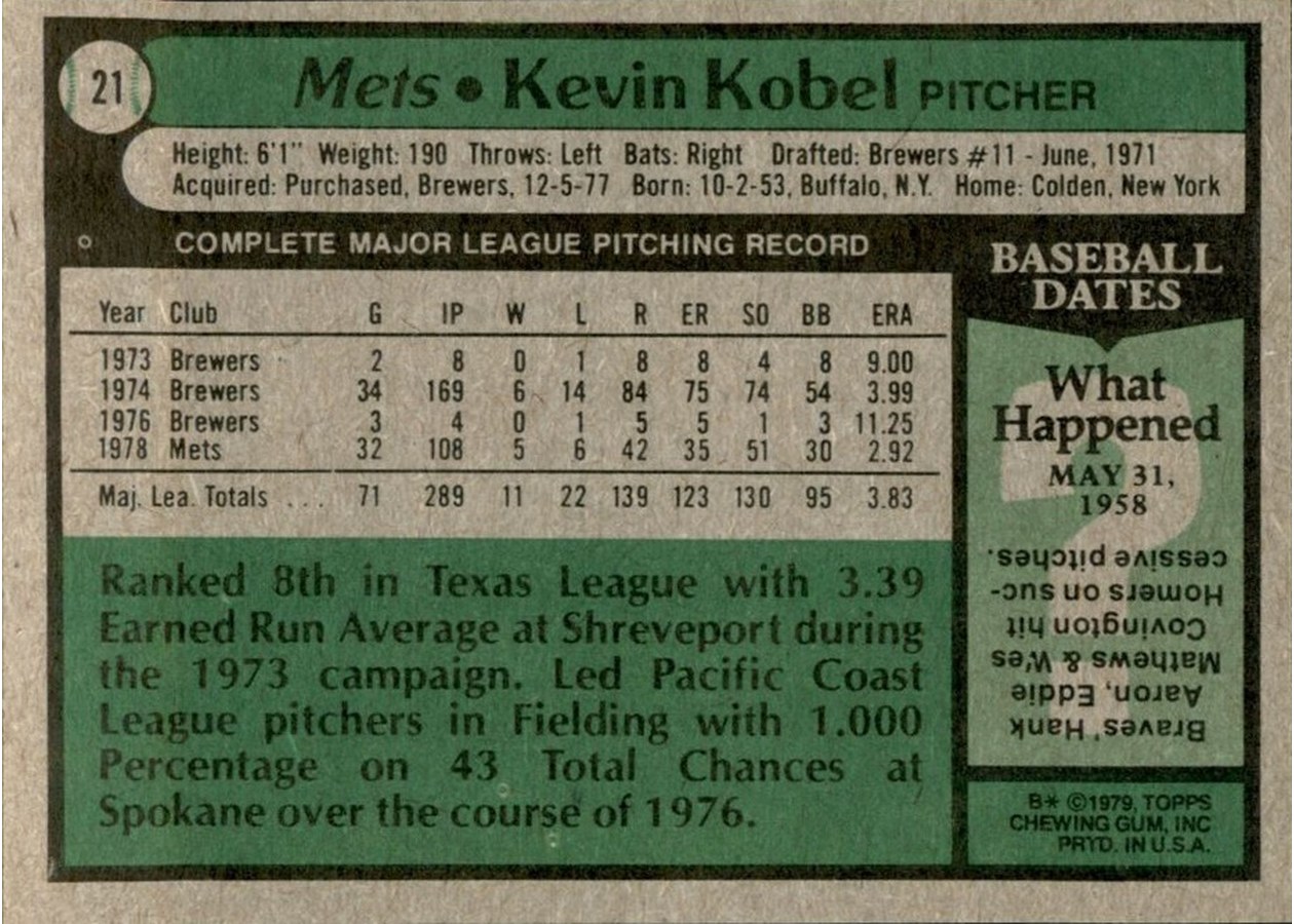 1979 Topps #21 Kevin Kobel card back