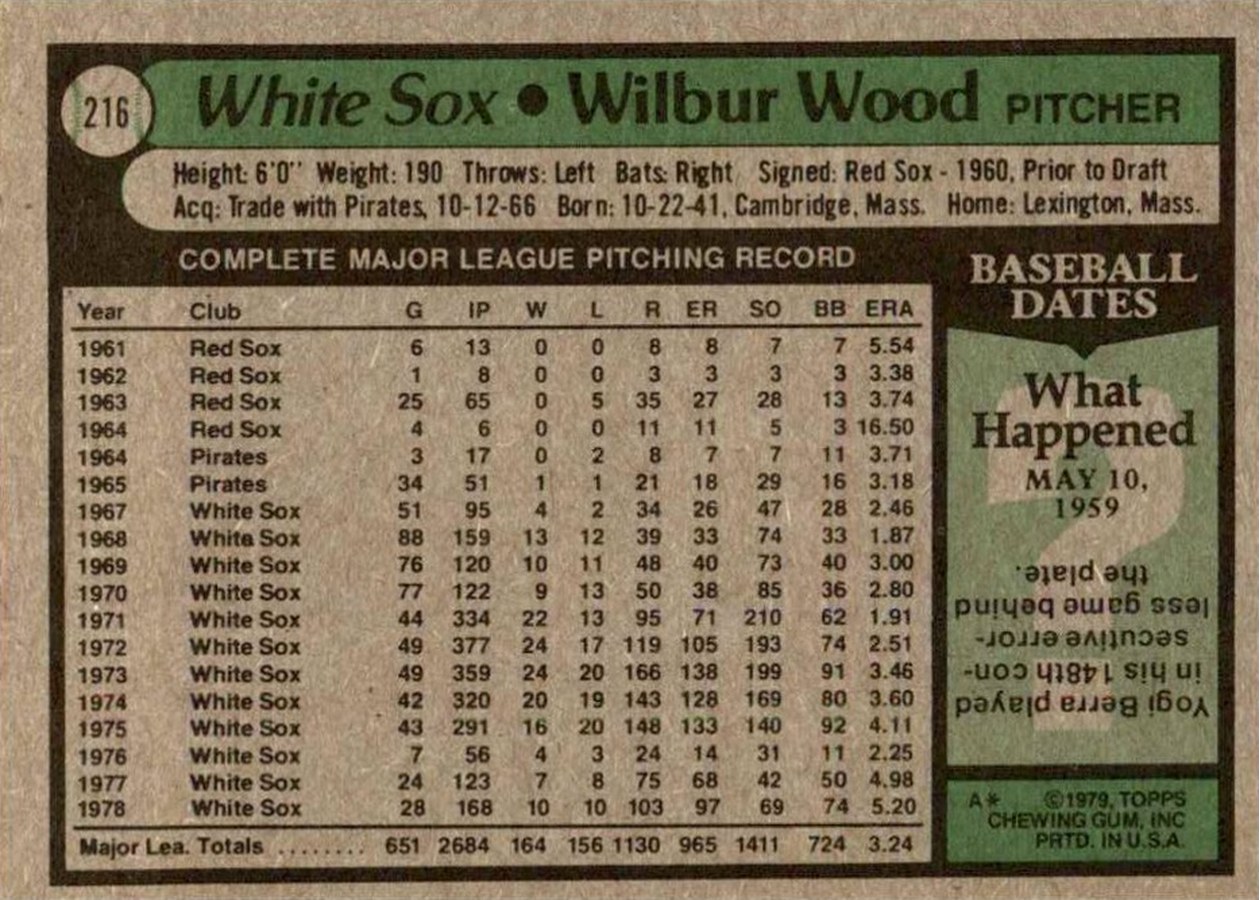 1979 Topps #216 Wilbur Wood card back