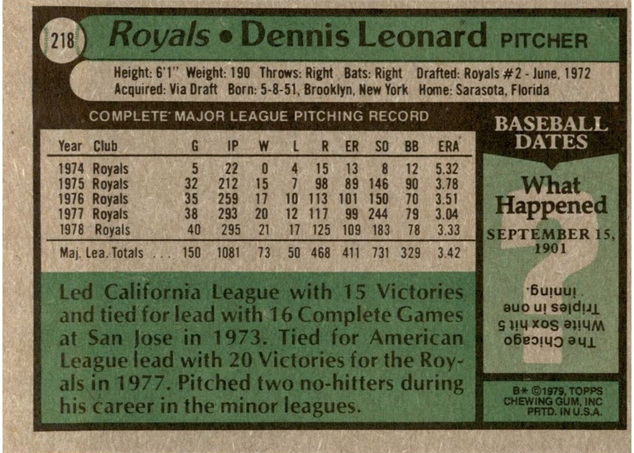 1979 Topps #218 Dennis Leonard card back