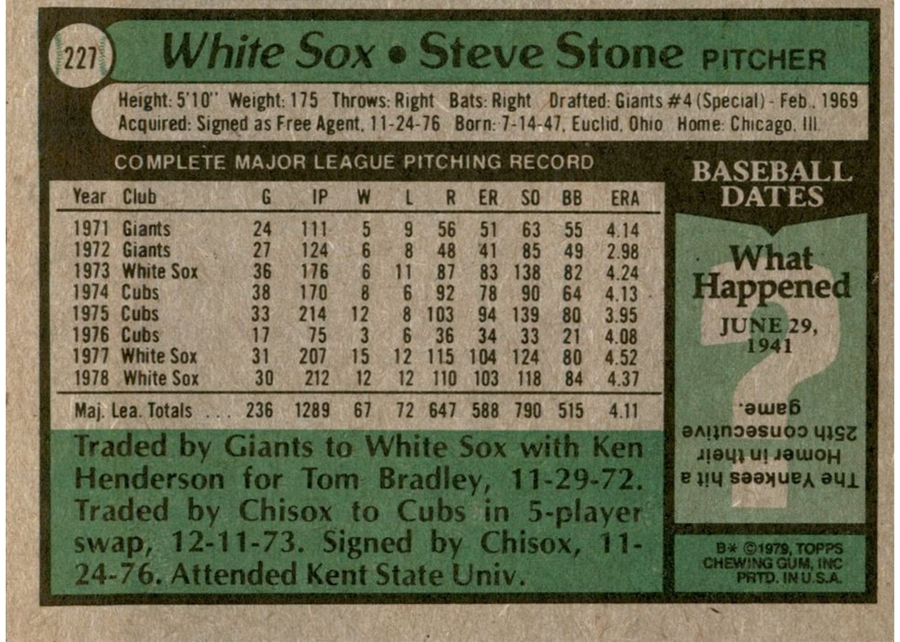 1979 Topps #227 Steve Stone card back