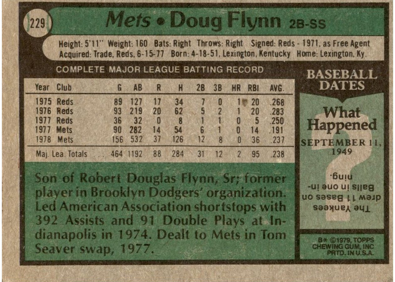 1979 Topps #229 Doug Flynn card back