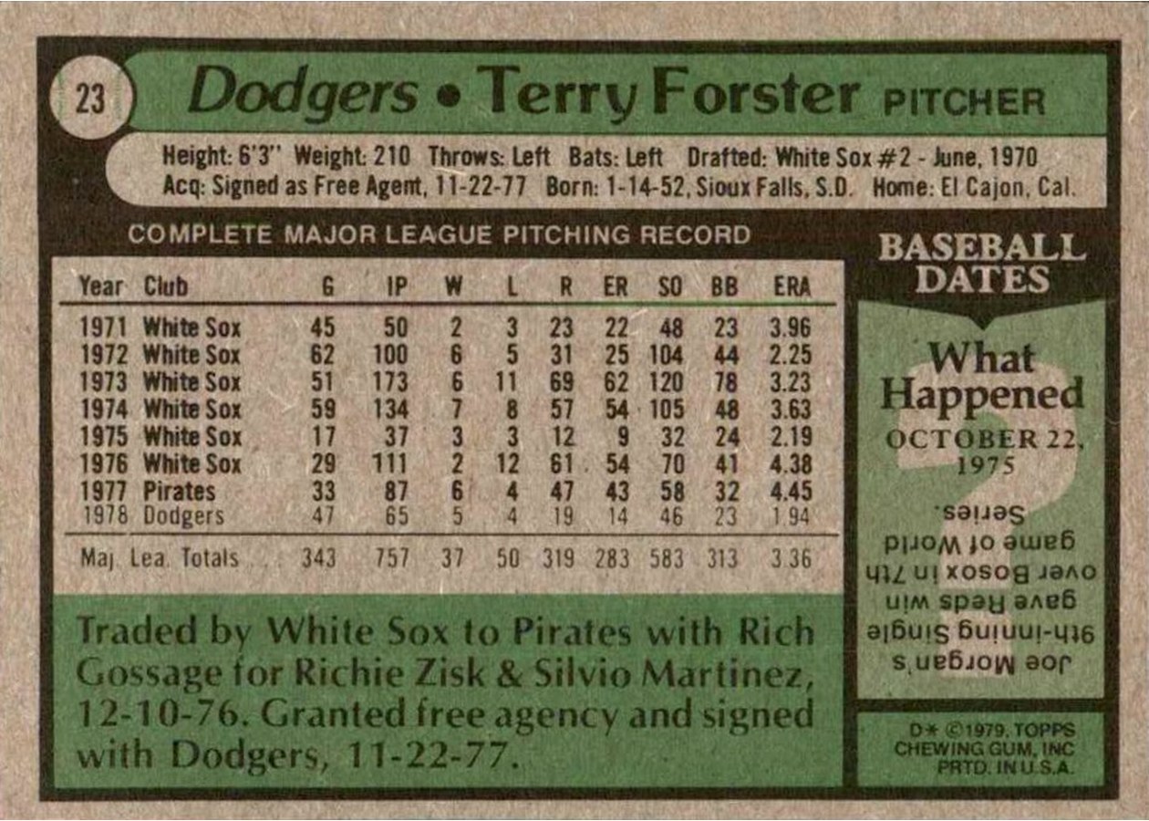 1979 Topps #23 Terry Forster card back