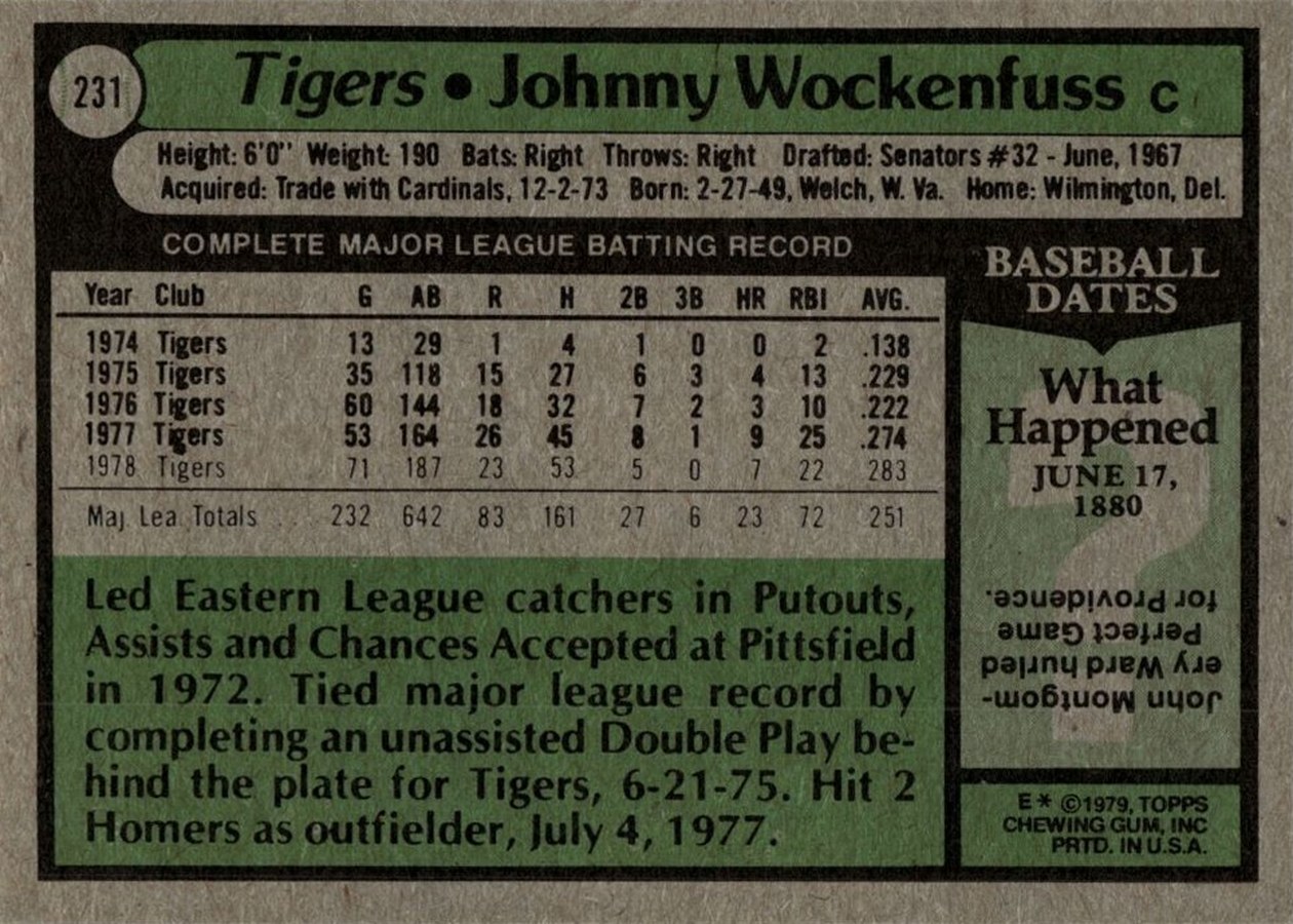 1979 Topps #231 Johnny Wockenfuss card back
