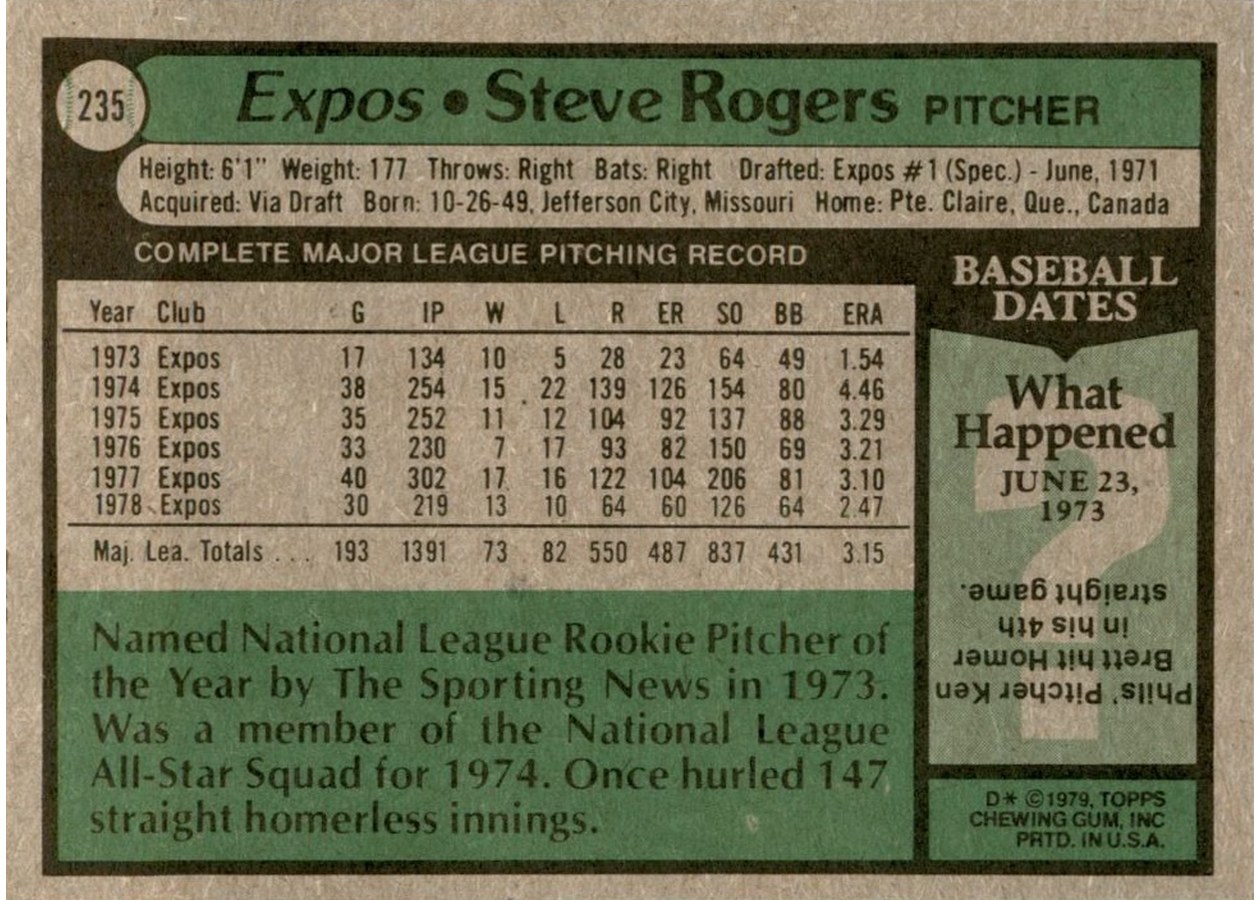 1979 Topps #235 Steve Rogers card back