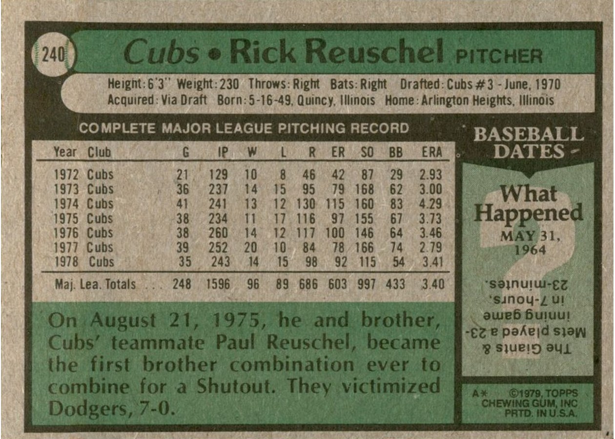 1979 Topps #240 Rick Reuschel card back