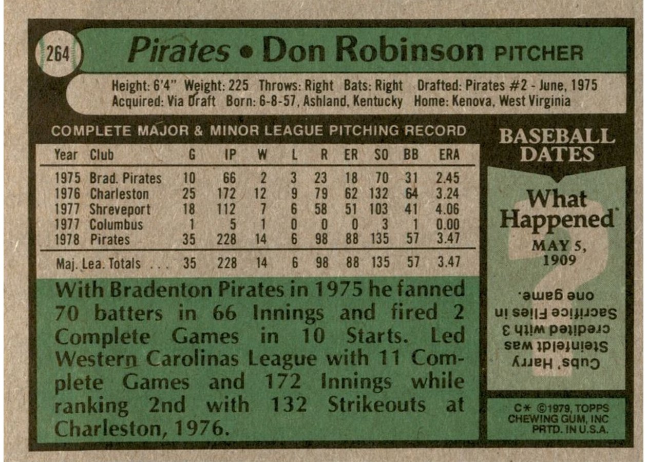1979 Topps #264 Don Robinson card back