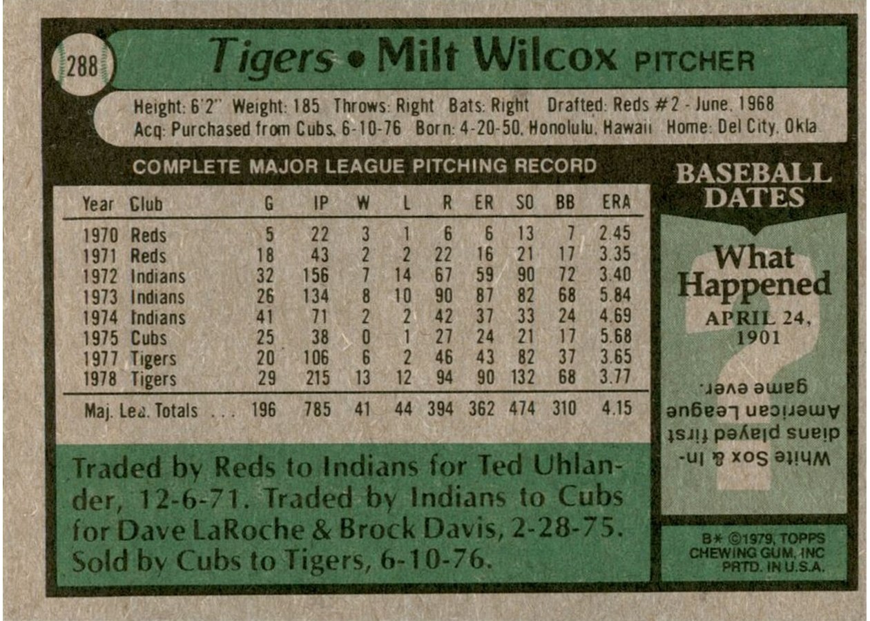 1979 Topps #288 Milt Wilcox card back