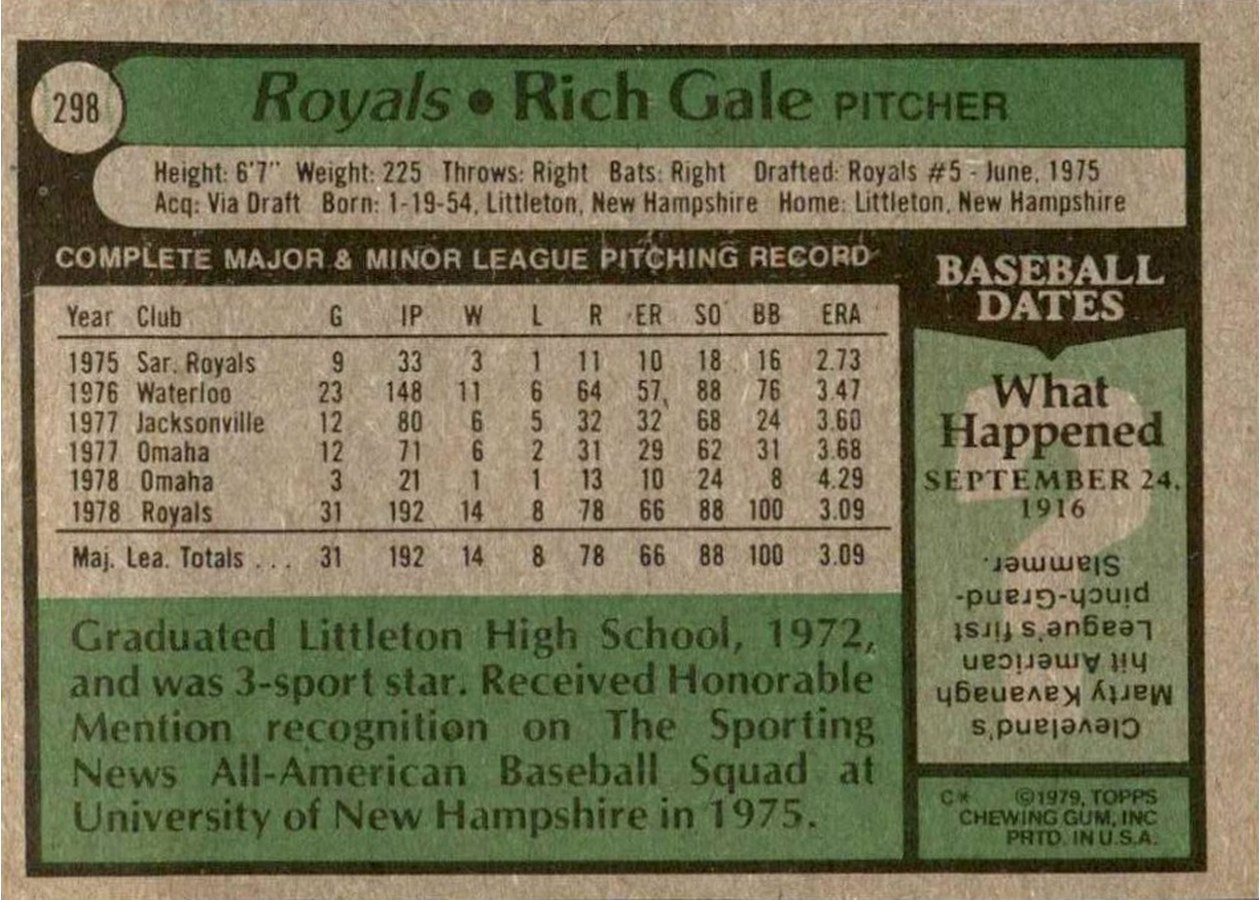 1979 Topps #298 Rich Gale card back