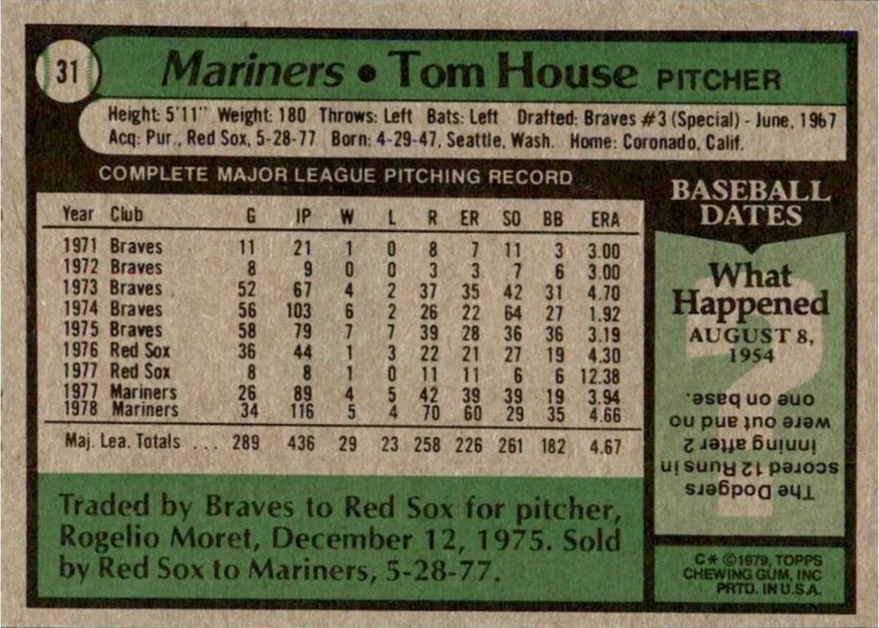1979 Topps #31 Tom House card back