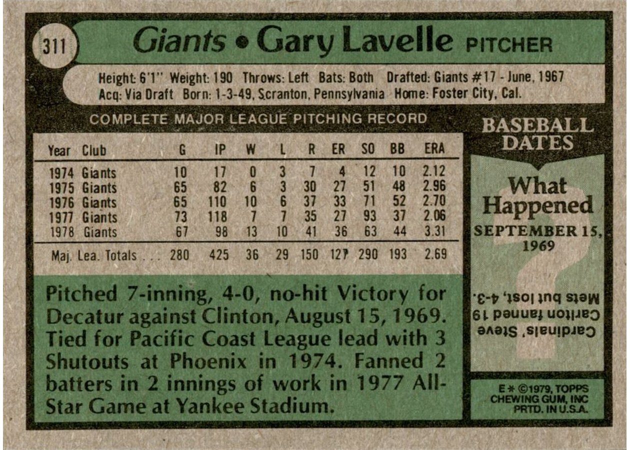 1979 Topps #311 Gary Lavelle card back