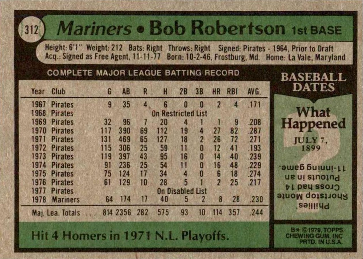 1979 Topps #312 Bob Robertson card back