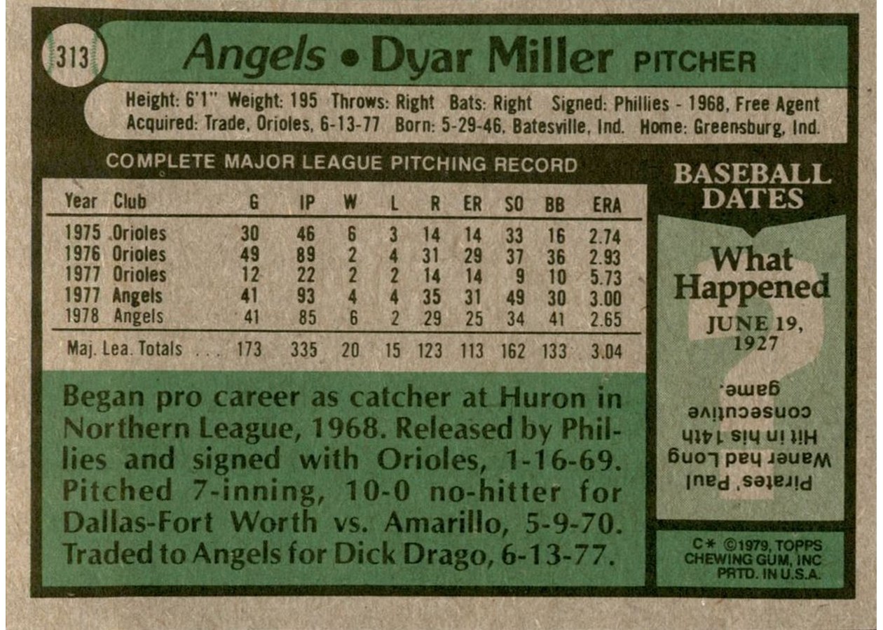 1979 Topps #313 Dyar Miller card back