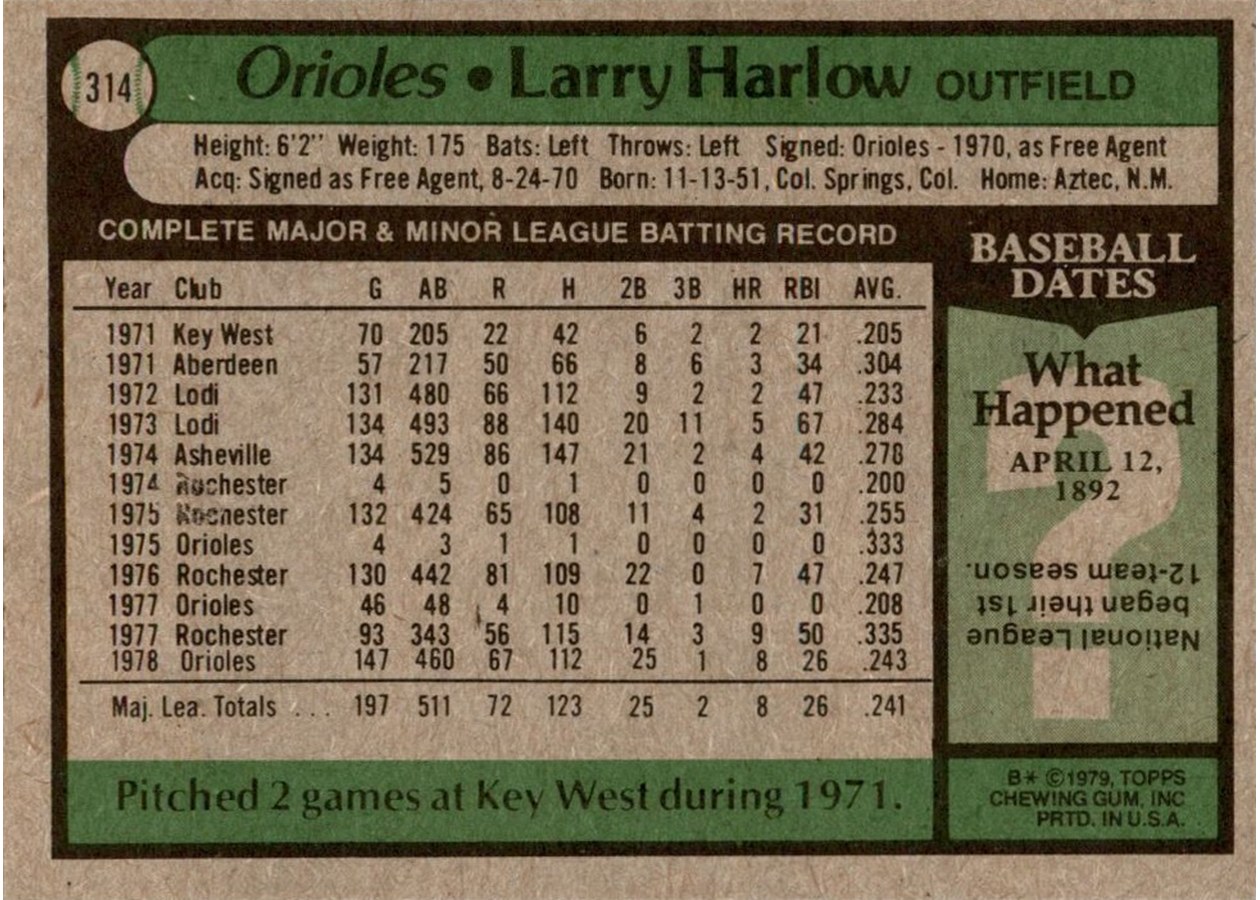 1979 Topps #314 Larry Harlow card back