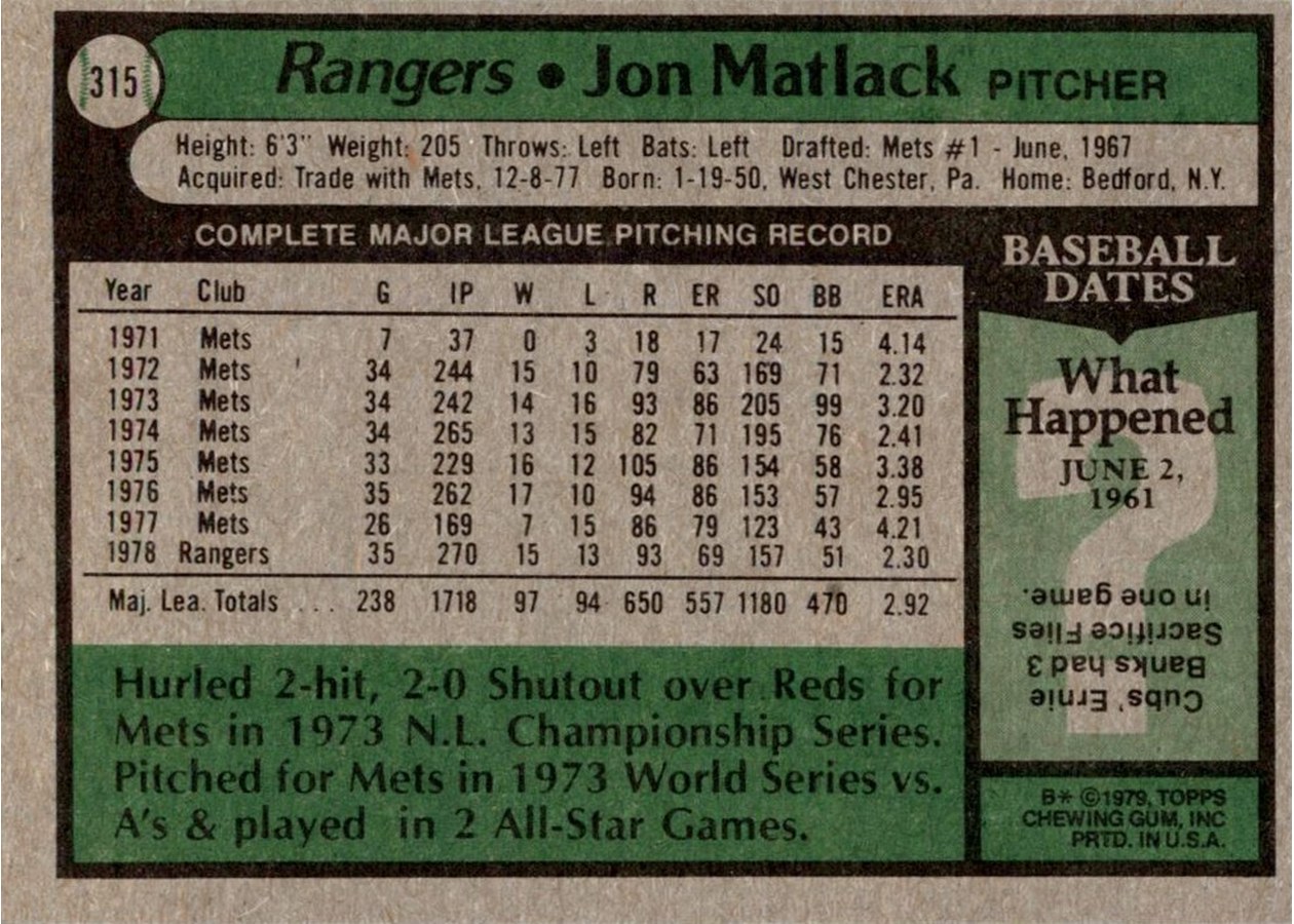 1979 Topps #315 Jon Matlack card back