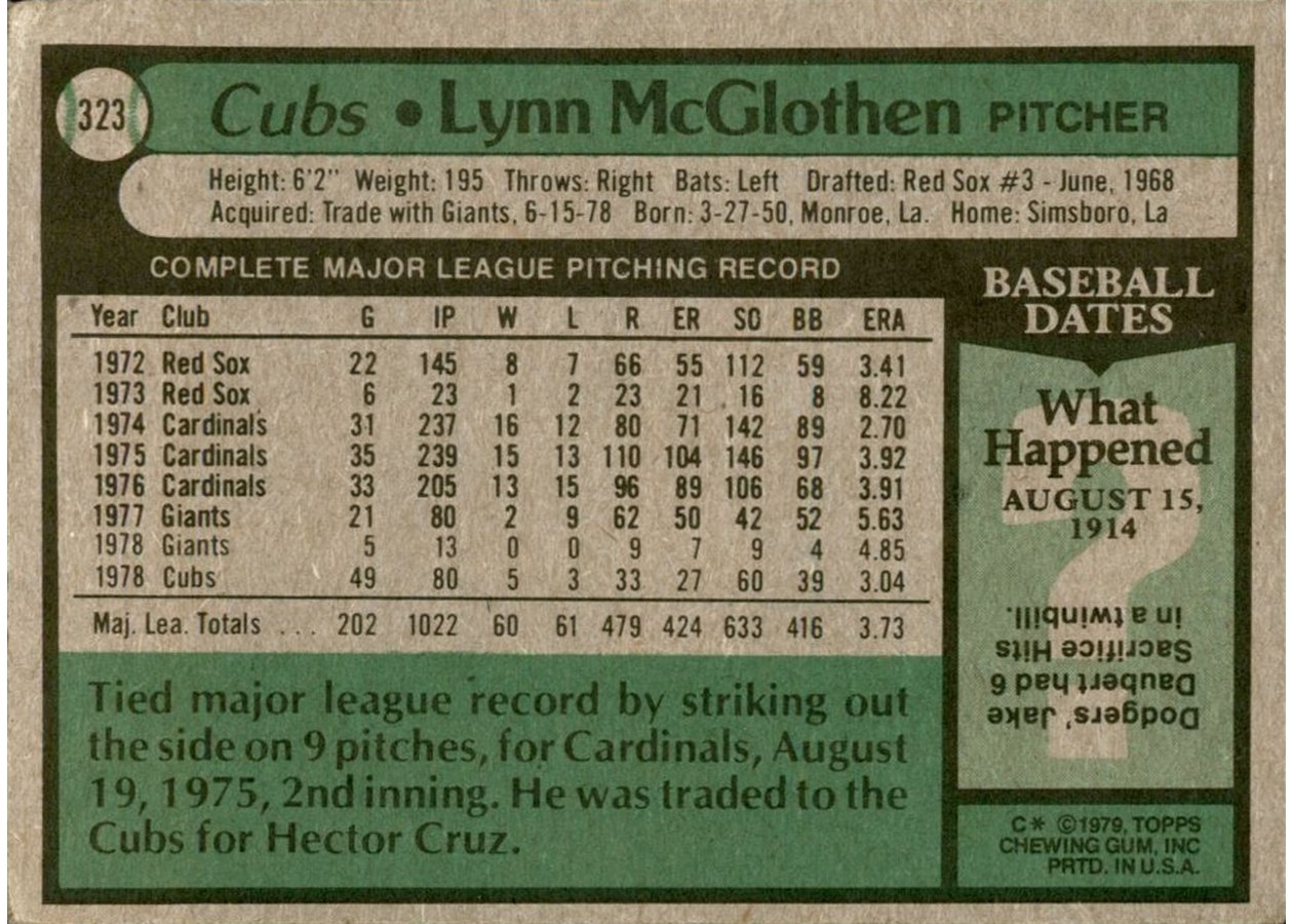 1979 Topps #323 Lynn McGlothen card back