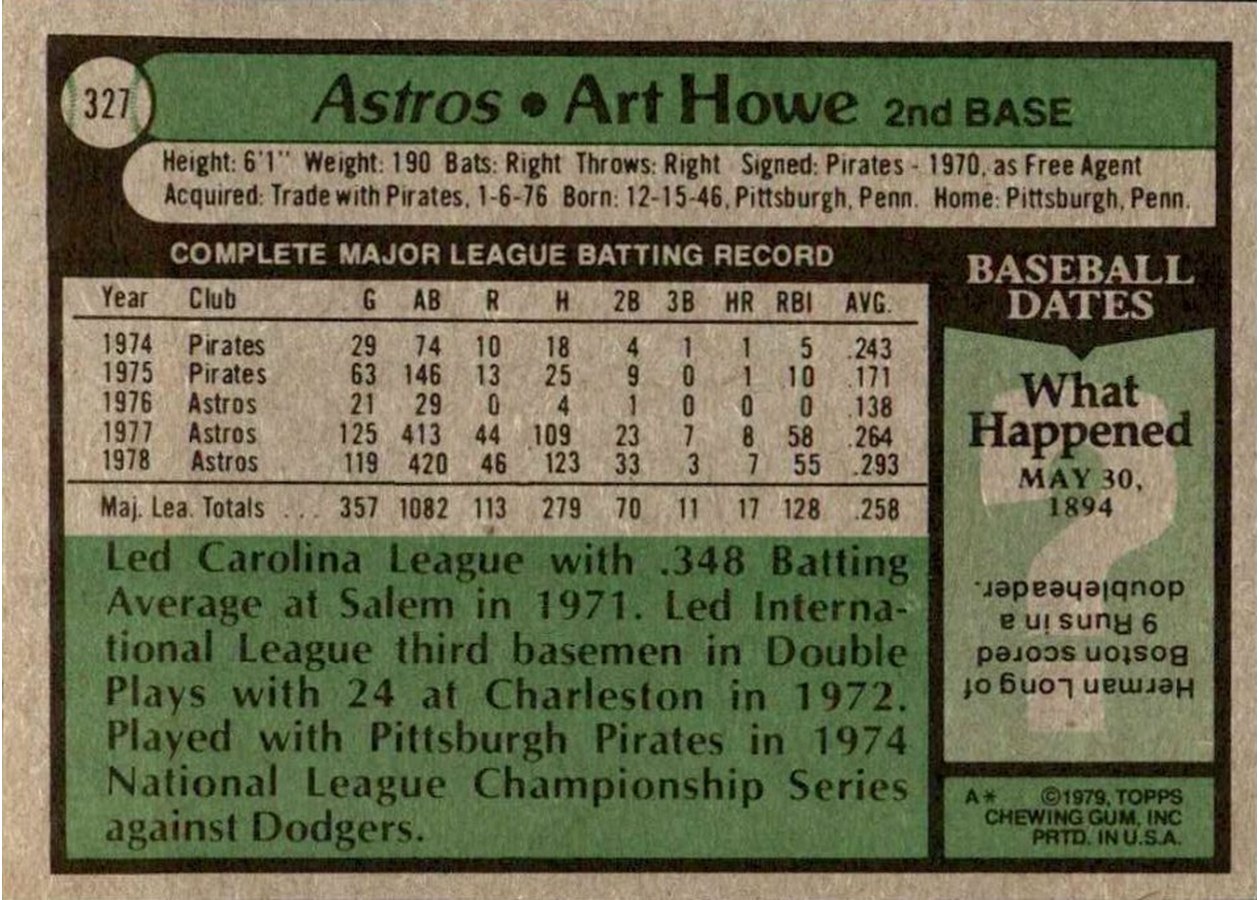 1979 Topps #327 Art Howe card back