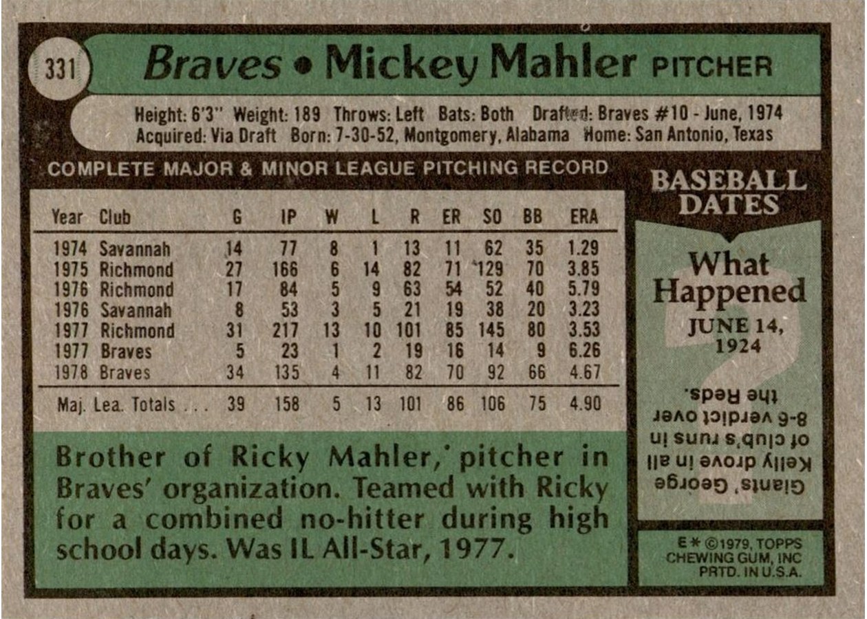 1979 Topps #331 Mickey Mahler card back