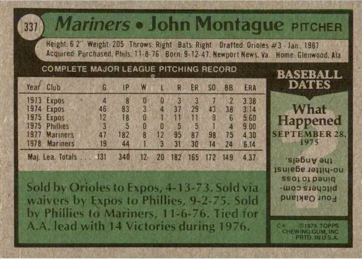 1979 Topps #337 John Montague card back