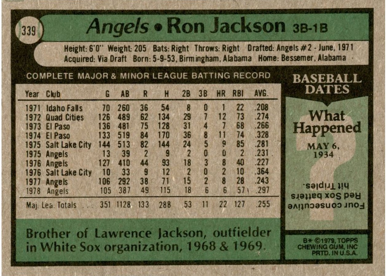 1979 Topps #339 Ron Jackson card back