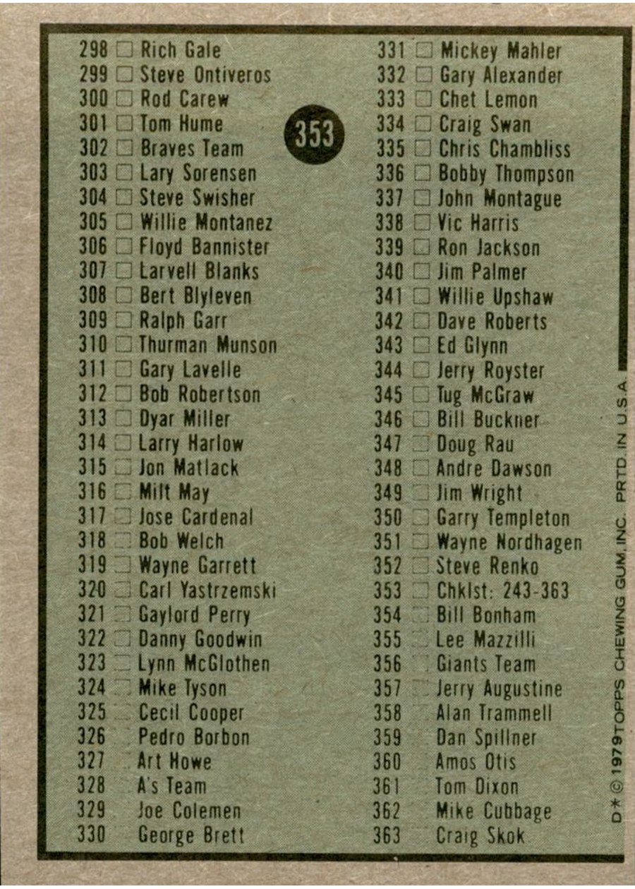 1979 Topps #353 Checklist: 243-363 card back
