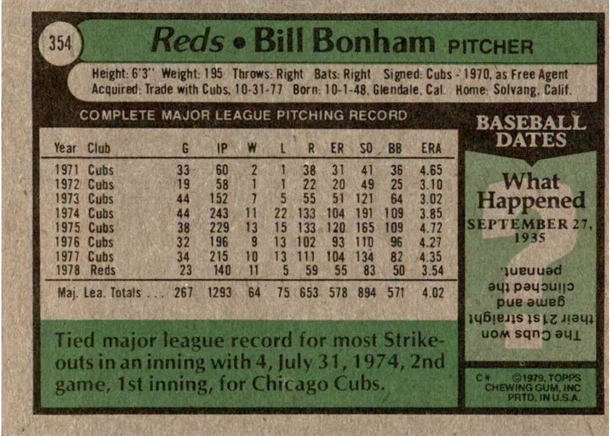 1979 Topps #354 Bill Bonham card back
