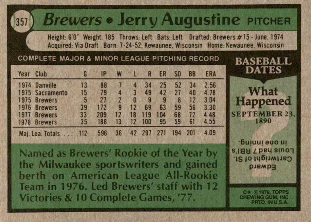 1979 Topps #357 Jerry Augustine card back